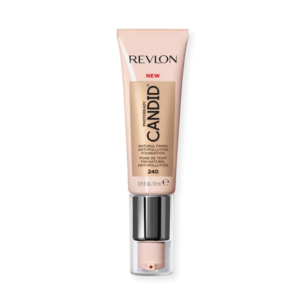 Revlon bottle front view showing product label and pump, highlights convenience and clean formula