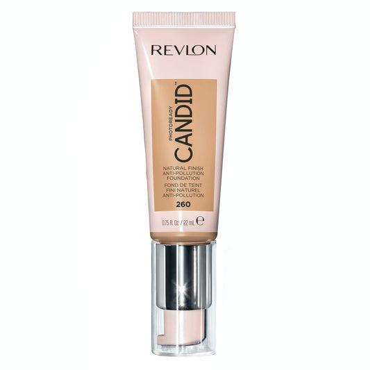 Revlon foundation front packaging showing shade 260 Chai and pump, lightweight coverage benefit