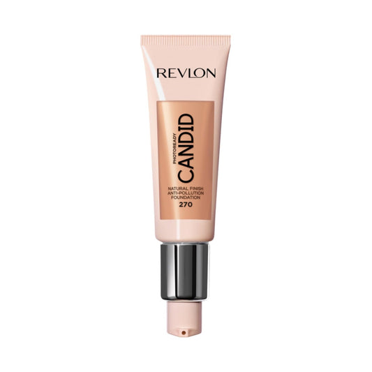 Revlon bottle front view showing shade 270 Medium Beige and pump, polished finish benefit