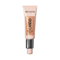 Revlon bottle front view showing shade 270 Medium Beige and pump, polished finish benefit