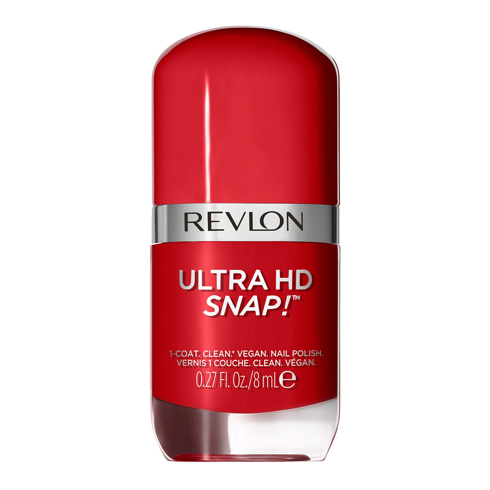 REVLON bottle front view showing glossy cherry shade benefit quick coverage