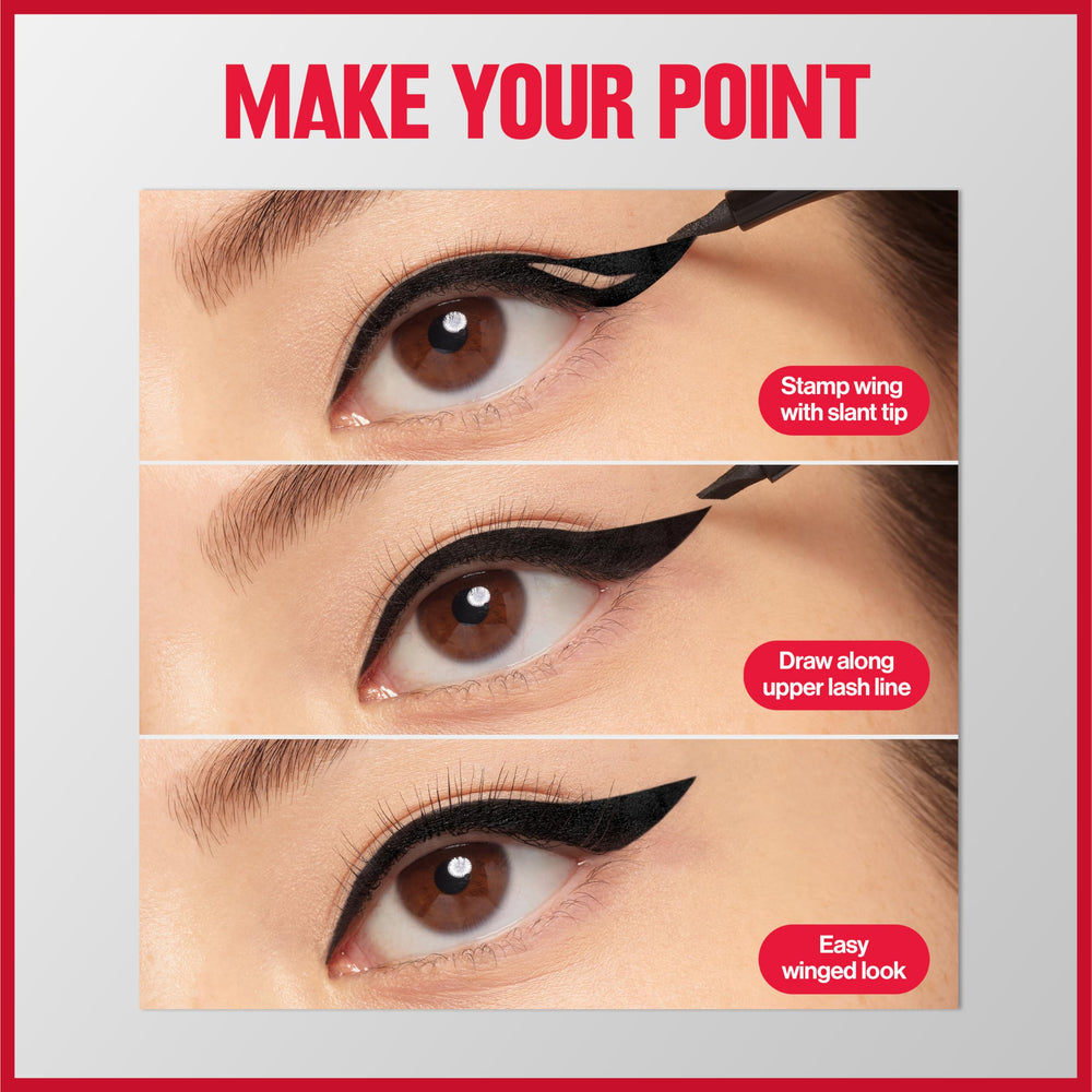 Model wearing Revlon winged liner to show defined eyes and long‑lasting wear