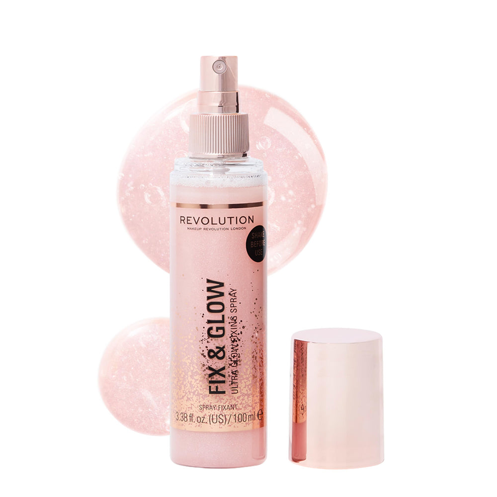 Revolution Beauty Fix & Glow front packaging showing bottle and label, conveys product identity and portability