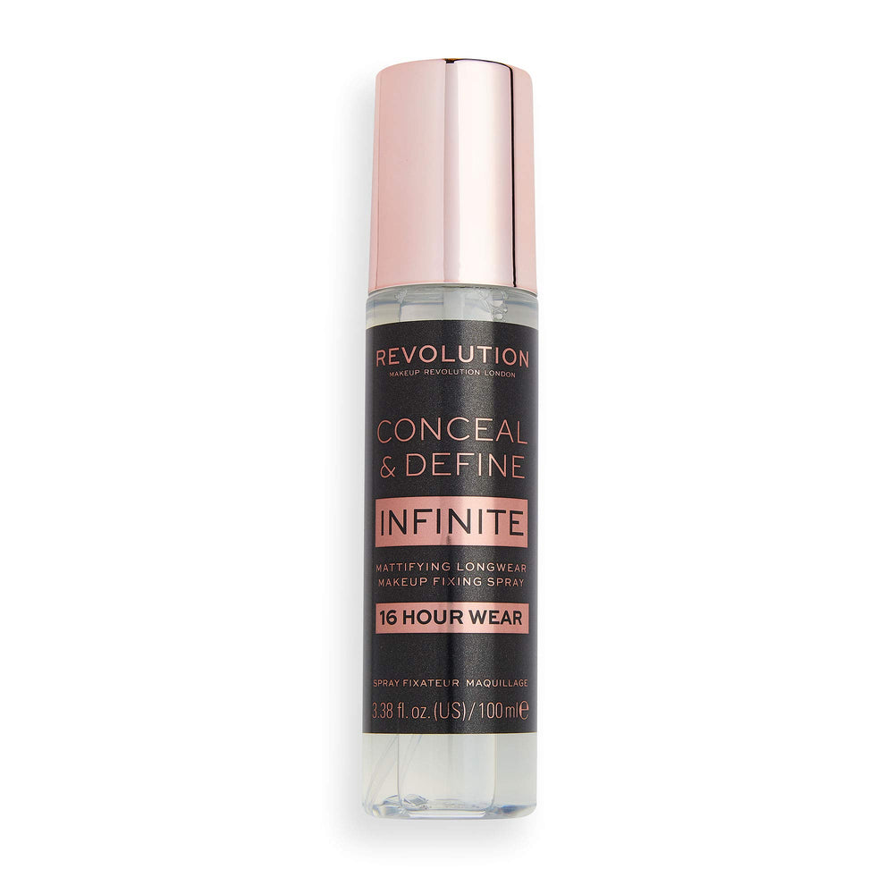 Revolution Beauty Infinite Fixing Spray fine mist close-up demonstrating even coverage and mattifying effect