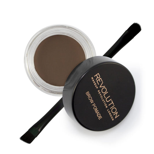 Revolution Brow Pomade front jar showing product shade and compact size benefit