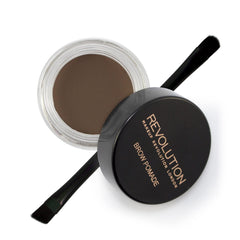 Revolution Brow Pomade front jar showing product shade and compact size benefit