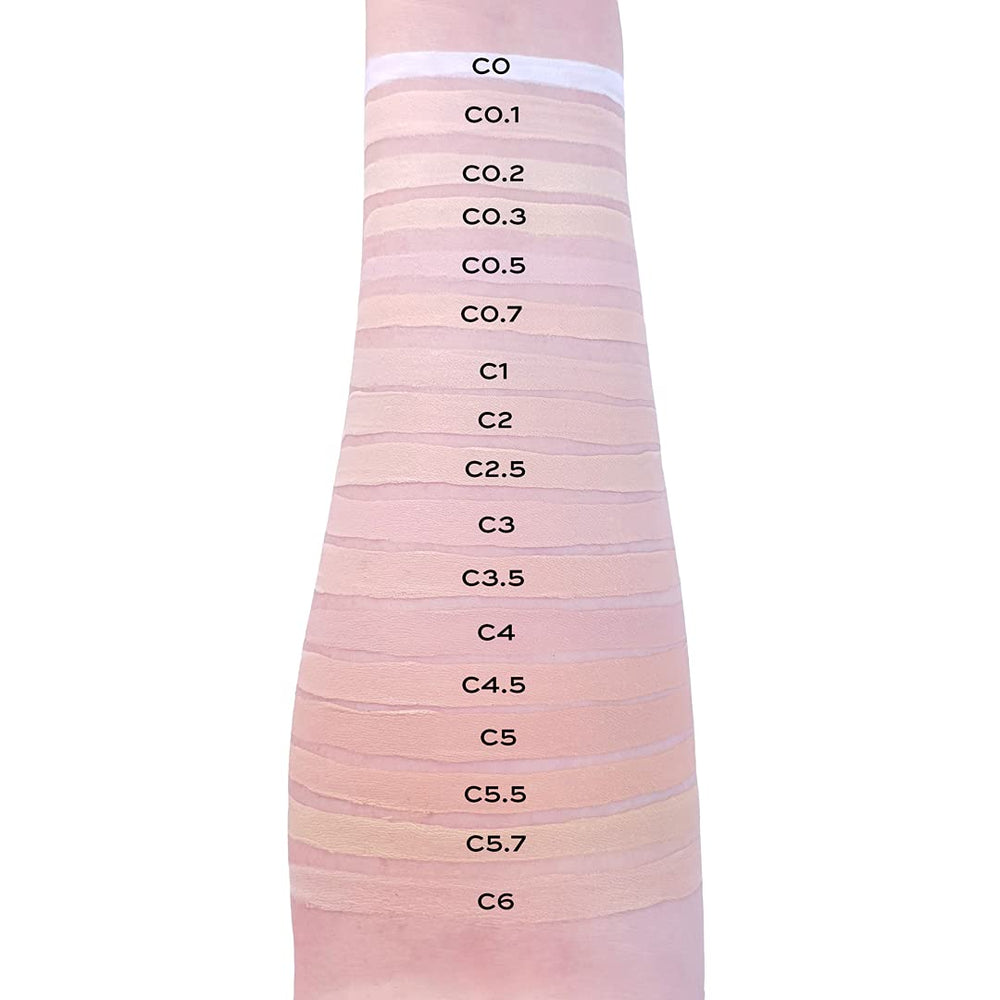 Revolution Conceal & Define C1 swatches on fair skin showing coverage comparison