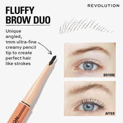 Revolution Fluffy Brow Filter before and after brows showing natural fullness and lifted finish
