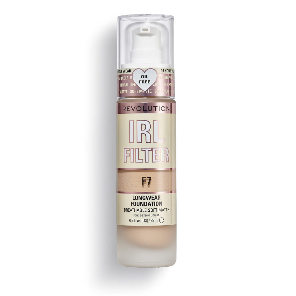 Revolution Beauty London bottle front view showing shade F7 and matte finish benefits