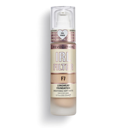 Revolution Beauty London bottle front view showing shade F7 and matte finish benefits