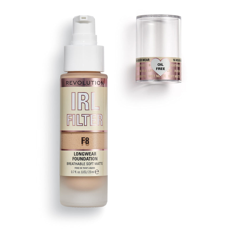 Revolution Beauty London pump detail of IRL Filter F8 emphasizing controlled application and no-waste benefit