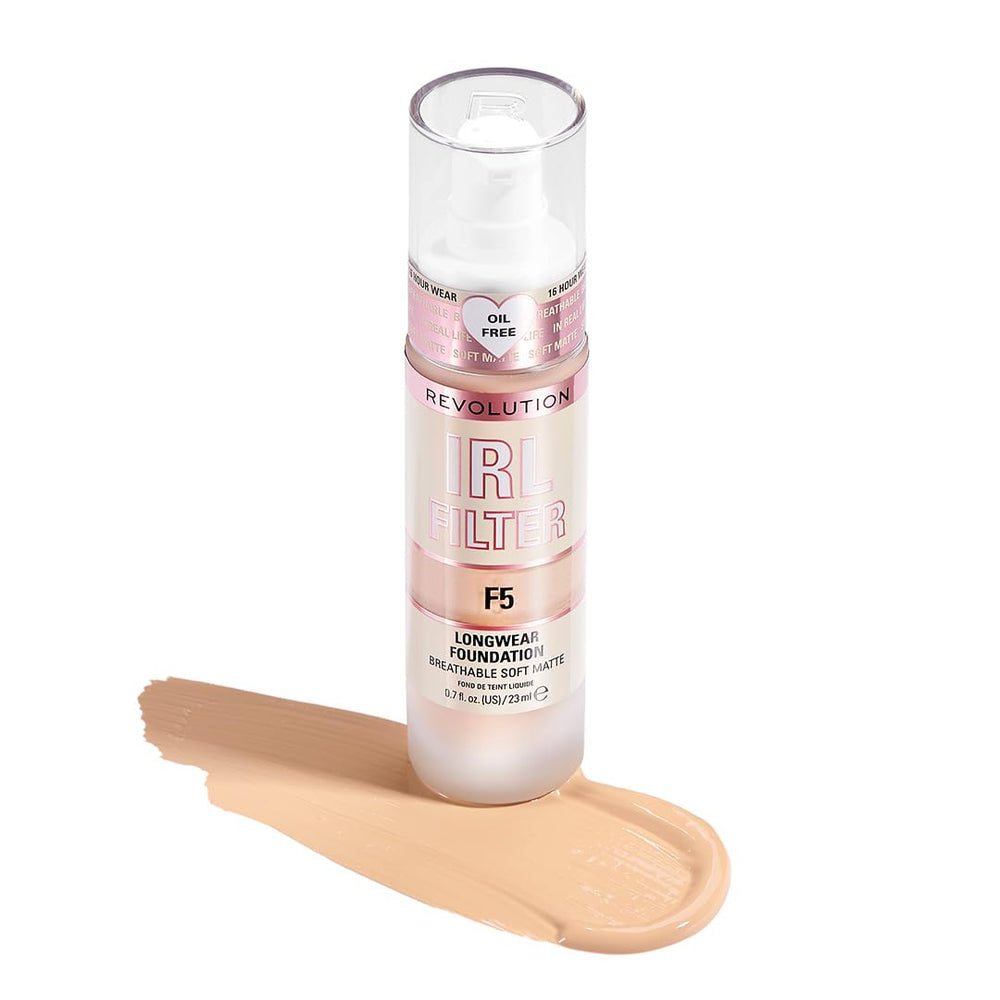 Revolution foundation front bottle showing elegant packaging and precision pump benefit