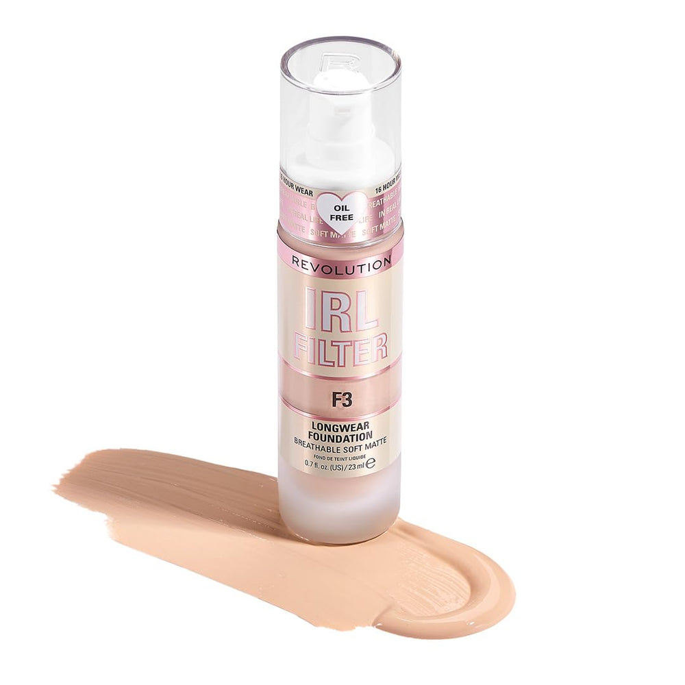 Revolution foundation F3 front bottle showing sleek glass pump and label benefit