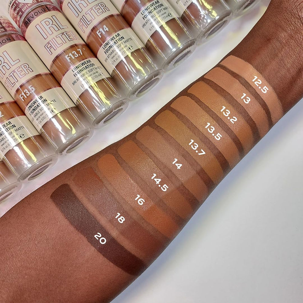 Revolution IRL Filter swatches on arm showing shade F10 match and buildable coverage benefit