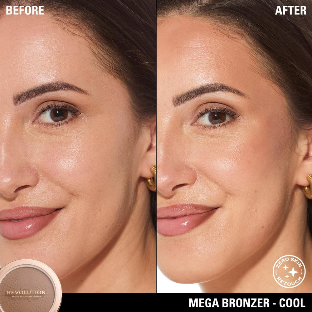 Revolution Mega Bronzer swatch cards comparing Cool Warm Medium Dark shades to aid shade choice