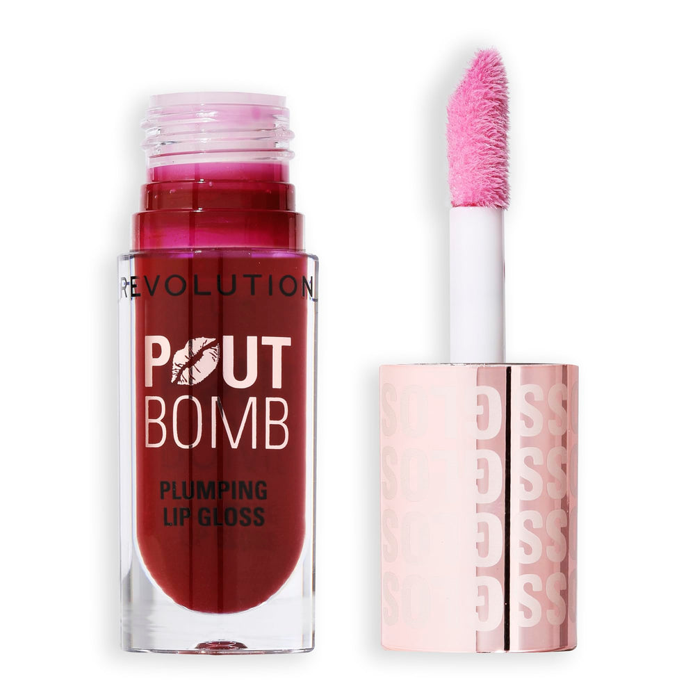 Revolution Pout Bomb front packaging showing shade label and applicator benefit