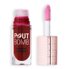 Revolution Pout Bomb front packaging showing shade label and applicator benefit