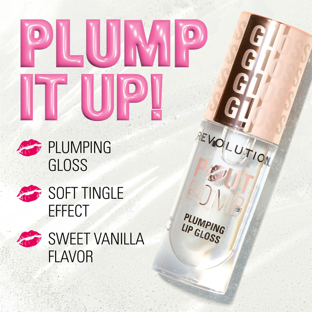Revolution Pout Bomb gloss texture swipe showing hydrating sheen and smooth, non-sticky finish