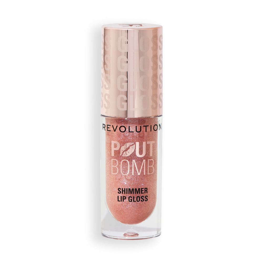 Revolution Pout Bomb worn by model showing glossy, conditioned lips with vanilla scent