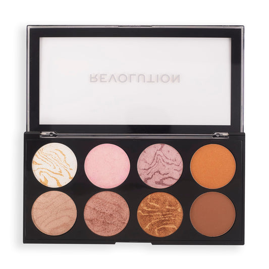 Revolution Beauty London front view of Ultra Blush Palette showing eight shades and travel-friendly case, versatile