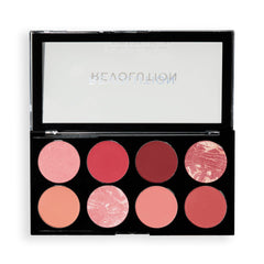 Revolution Beauty London front view of Sunset Burst palette showing eight shades and compact benefit