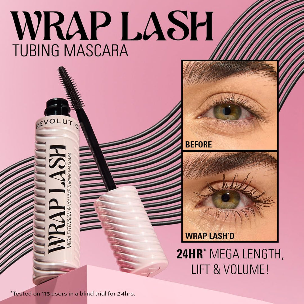 Revolution Beauty London mascara applied on model lashes for visible length and rich burgundy colour