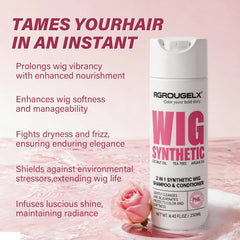 Synthetic wig after RG ROUGE LX treatment with reduced frizz and smoother fibers