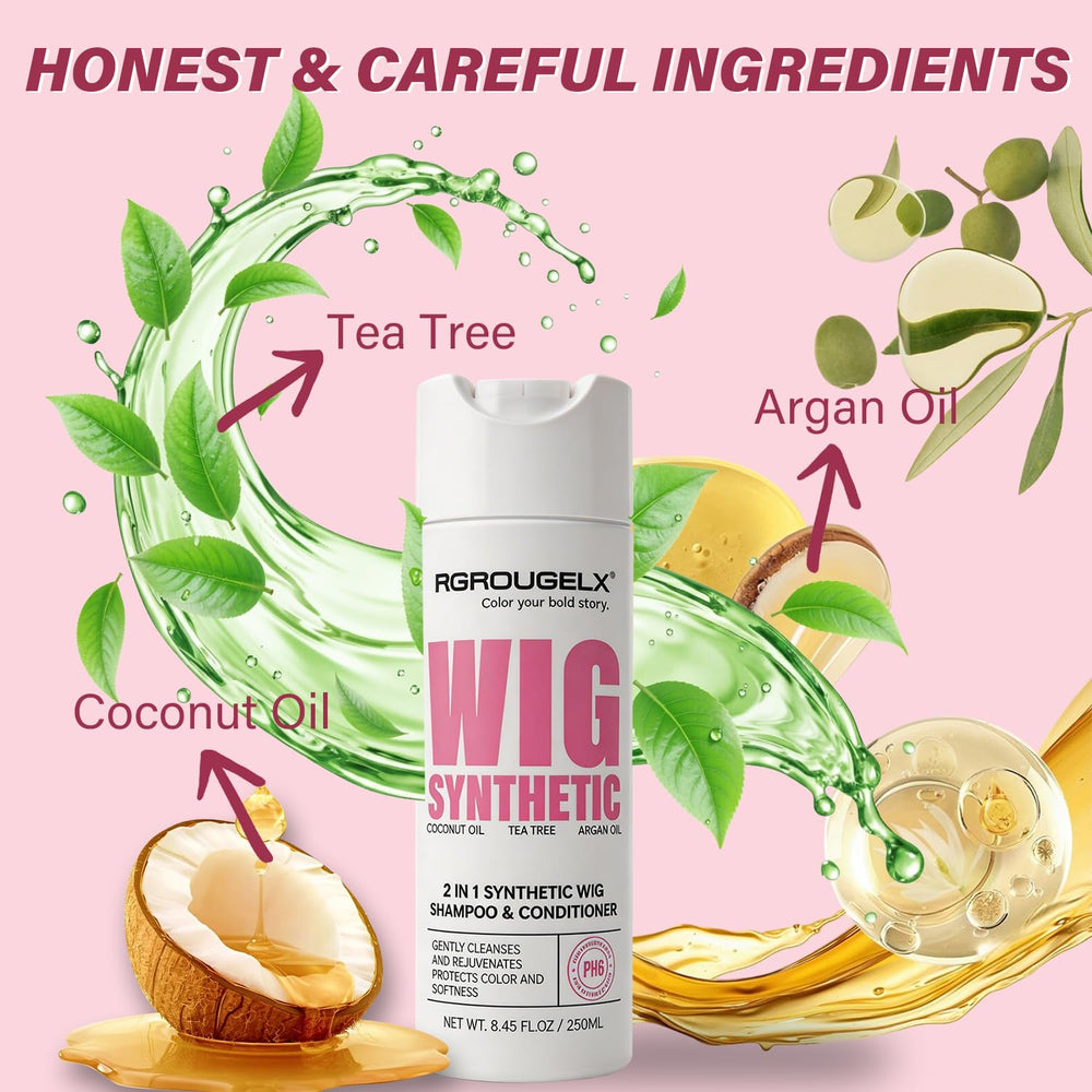 Tea tree leaves and coconut halves beside RG ROUGE LX highlighting natural actives