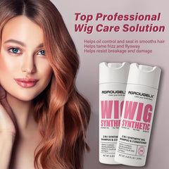 Wig on stand after using RG ROUGE LX showing restored shape and shine