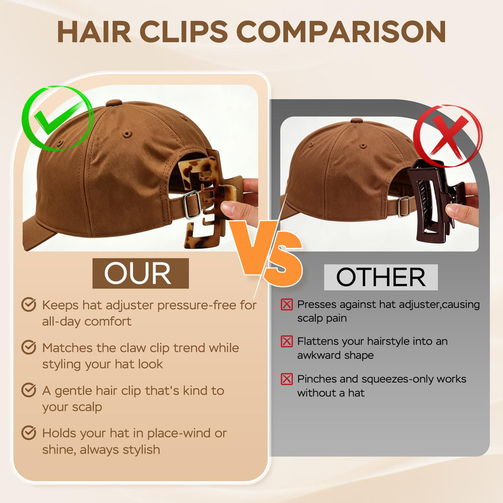 Rhavelune clips holding a low ponytail through a hat vent showing pull-free comfort benefit