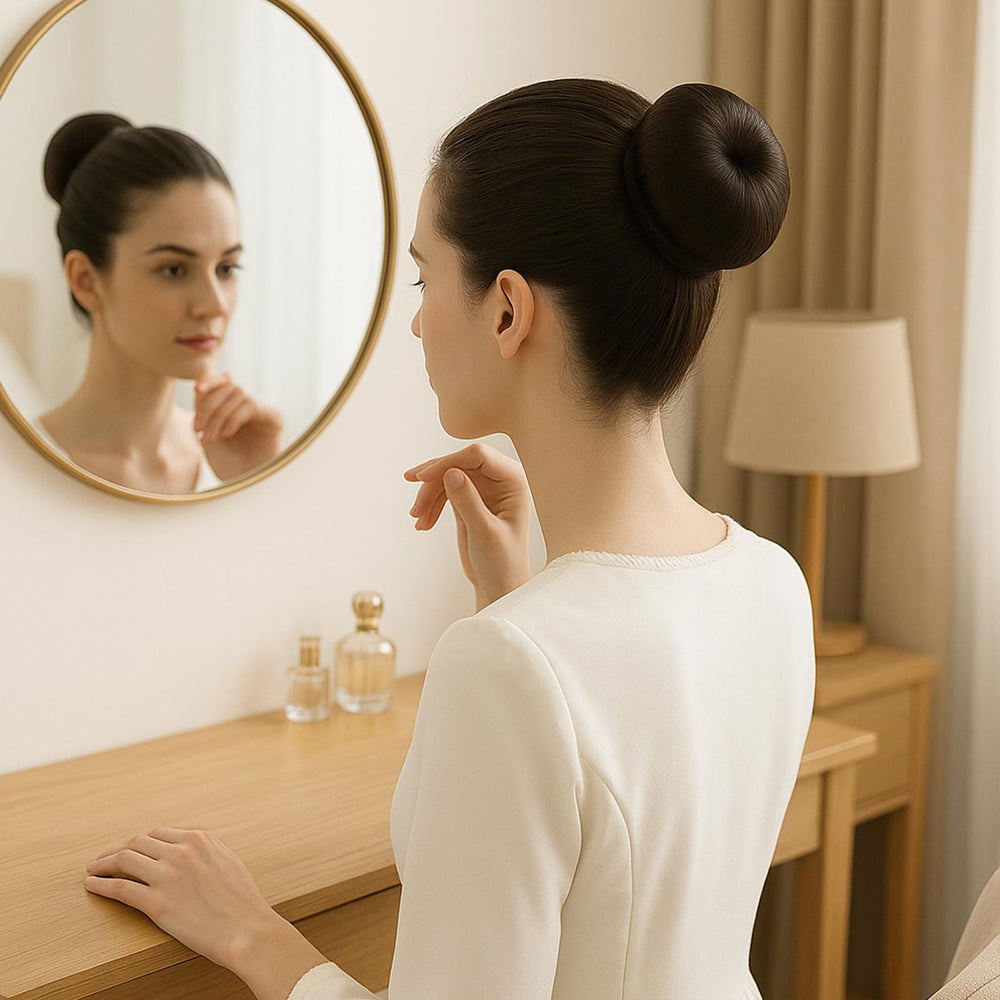 RhHycc model wearing a neat ballerina bun demonstrating finish