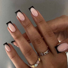 RikView front packaging showing 24-piece black and nude press-on nails for quick style