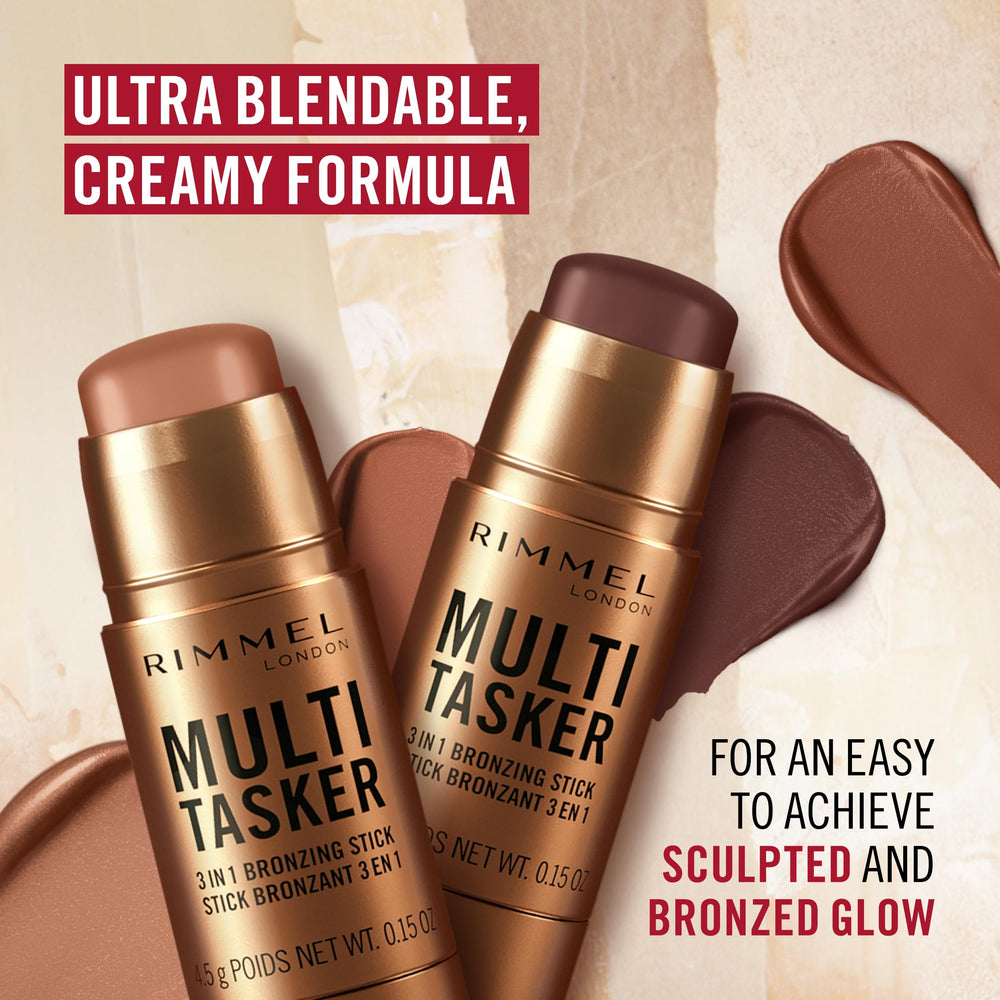 Rimmel bronzing stick swatch on arm in 001 Light showing buildable, natural warmth