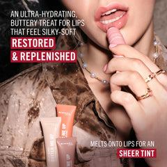 Rimmel on-model lips showing sheer bubble gum tint and gloss