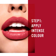Rimmel lips wearing Firecracker showcasing intense color and shine
