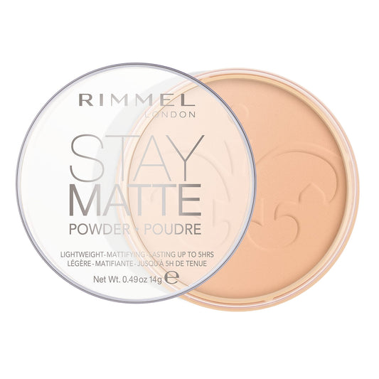 Rimmel Stay Matte compact front displaying warm beige shade and convenient mirror