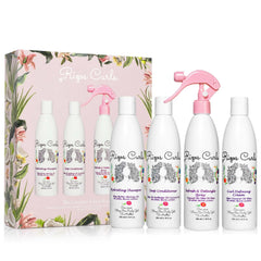 Rizos Curls bundle front packaging showing full four-step set and benefits