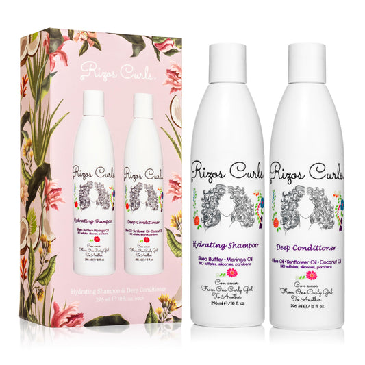 Rizos Curls front packaging showing both shampoo and conditioner for complete care