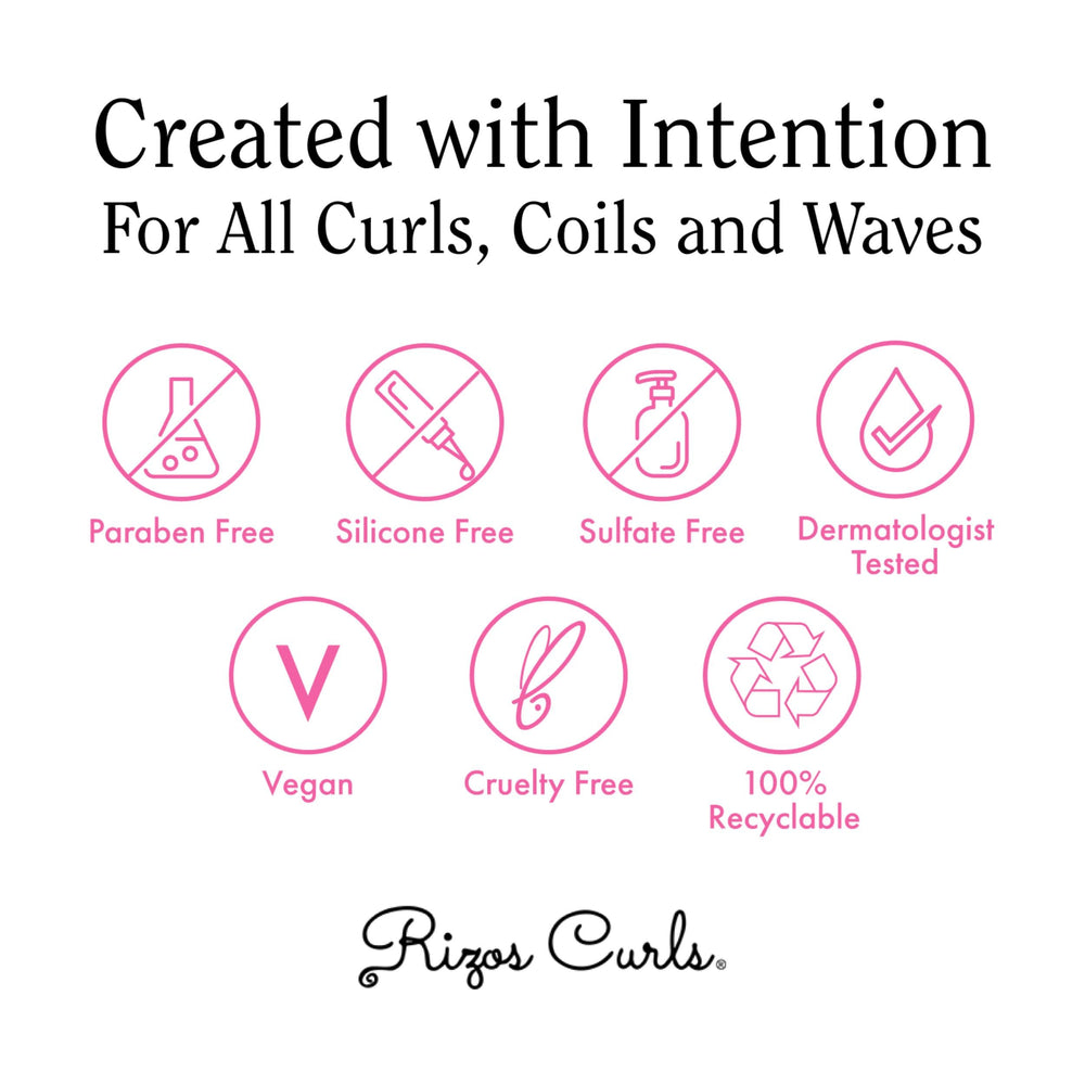 Woman with defined curls using Rizos Curls showing frizz reduction and volume