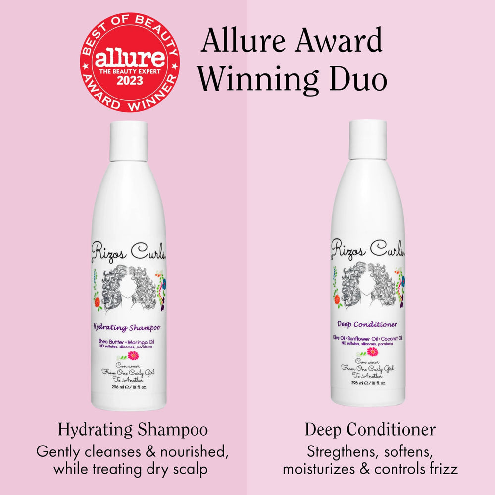 Rizos Curls shampoo bottle close-up highlighting label and gentle formula benefits