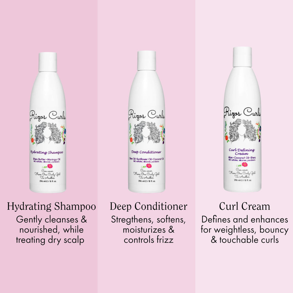 Rizos Curls hydrating shampoo pouring to show gentle cleansing and moisture