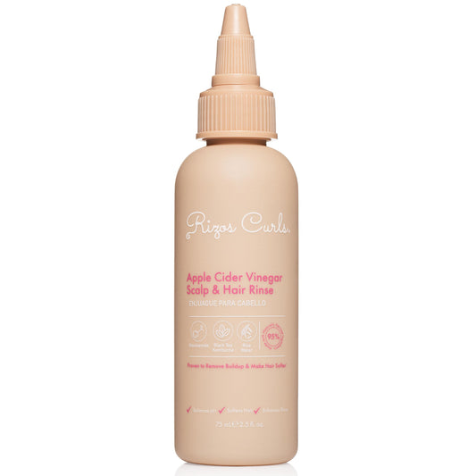 Rizos Curls travel bottle front view showing compact clarifying rinse for portability and convenience
