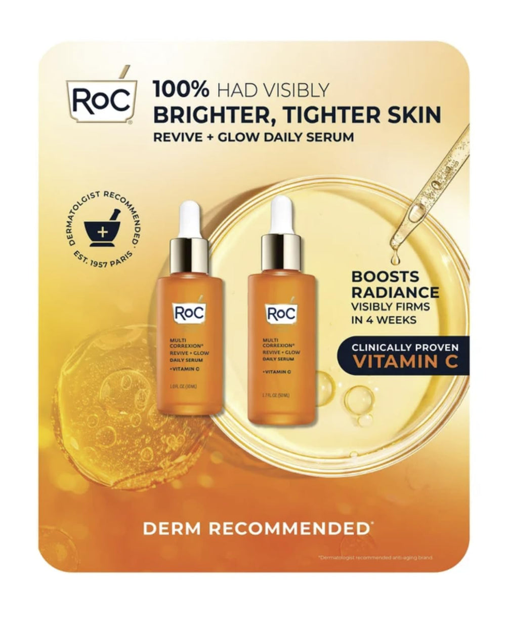 RoC front view of both bottles showing set and brightening benefits