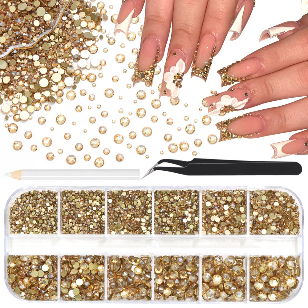 RODAKY front packaging showing 4000 champagne gold rhinestones with tools for organized storage