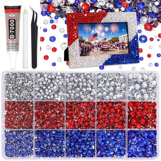 RODAKY front packaging showing mixed blue red rhinestones and tools, clear organization benefit