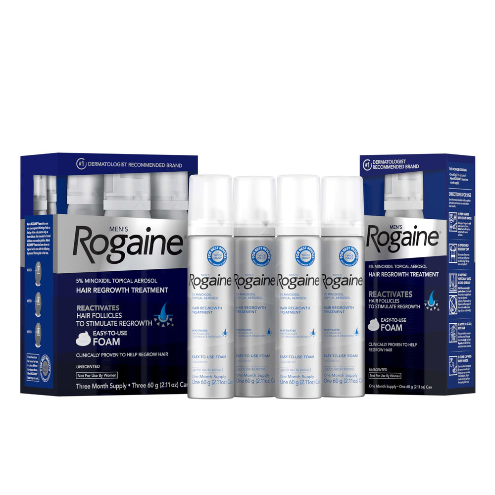 Rogaine front packaging four‑can set showing supply and benefit of consistent use