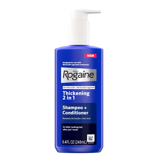 Rogaine front packaging bottle showing product and size, conveys clear value