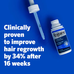 Close-up of Rogaine bottle label highlighting 5% minoxidil strength benefit