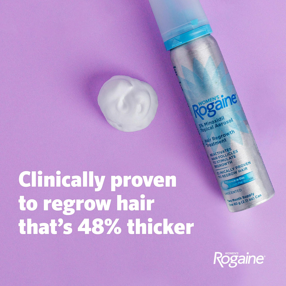 Rogaine canister close-up highlighting nozzle and usage ease