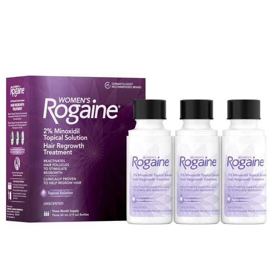 Rogaine bottle front packaging showing women's 2% minoxidil and three-month supply benefit
